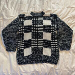Vintage Sweater Small Black White Geometric Mock Neck Penrose Acrylic Grunge